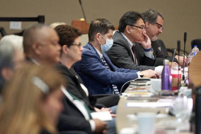 Presidents at CSU listen to public comments in Long Beach on May 23, 2023. Photo by Lauren Justice for CalMatters