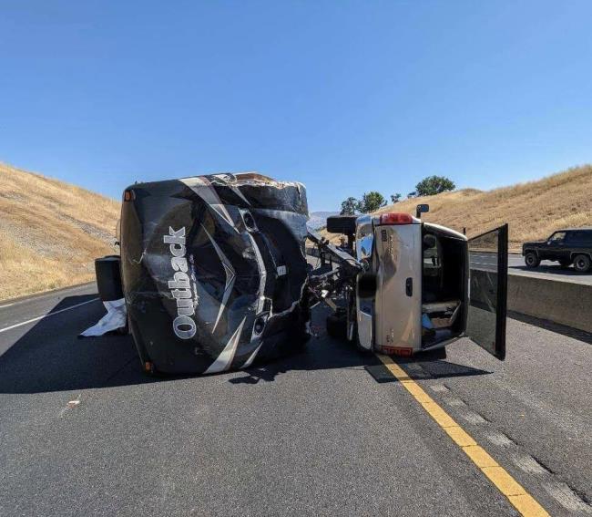 A 78-year old Cloverdale man was arrested on suspicion of driving under the influence Monday, July 17, 2023, after he crashed his truck and trailer on southbound Highway 101 north of Healdsburg, police said. (California Highway Patrol)