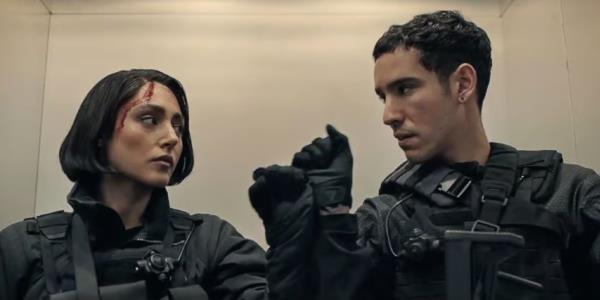 Golshifteh Farahani as Nik and Adam Bessa as Yaz in Extraction 2.