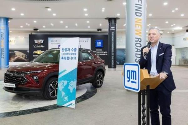 This photo provided by GM Korea shows CEO Hector Villarreal speaking at a company event on Dec. 6, 2023, celebrating the company's accumulative exports surpassing 10 million units. (PHOTO NOT FOR SALE) (Yonhap)