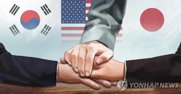 An image representing three-way cooperation between South Korea, the United States and Japan is shown in this file photo provided by Yo<em></em>nhap News TV. (Yonhap)