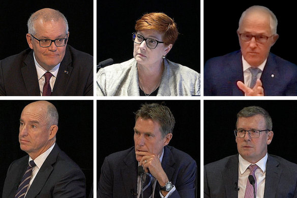 The royal commission into the robo-debt scheme featured a high-profile line-up of Liberal fro<em></em>ntbenchers including top l-r: Scott Morrison, Marise Payne, Malcolm Turnbull and bottom l-r Stuart Robert, Christian Porter and Alan Tudge.