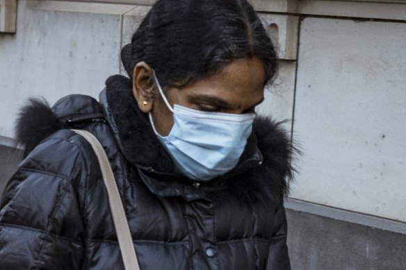 Kumuthini Kannan outside the Supreme Court in 2021, during her trial on slavery charges.